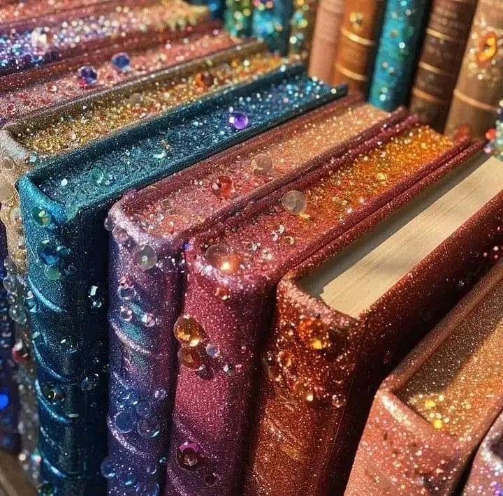 کتابخانه‌ای نورانی در شهر نوری رامونکا با کتاب‌های درخشان کریستالی که انرژی حکمت و آگاهی کیهانی را بازتاب می‌دهند